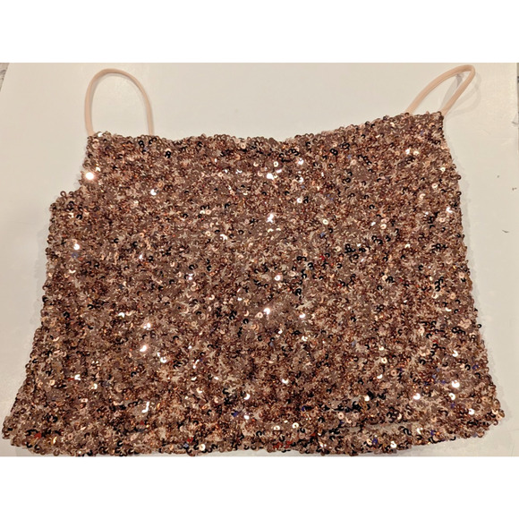 Sequin Cami Top Rose Gold Sleeveless Sparkly Party Crop Tank Top - Picture 1 of 6